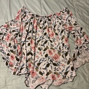 Time and Tru White Floral Off-Shoulder Tunic with Pink Flowers and Green Leaves